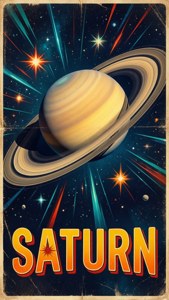 土星及其光環和星星在宇宙背景中的復古海報