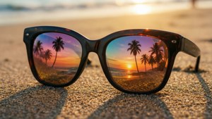 太陽眼鏡反射出沙灘上的棕櫚樹日落景色。 — 復古 壁紙