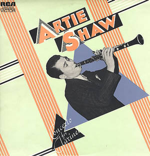 Artie Shaw 在橙色和藍色幾何設計的復古專輯封面上演奏單簧管。