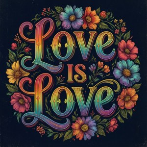 深色背景上帶有彩虹文字「Love is Love」的彩色花卉插圖