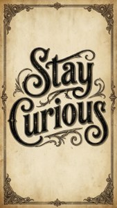 復古羊皮紙，帶有華麗黑色字體寫著「Stay Curious」，由裝飾角落框起。