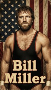 一位名叫 Bill Miller 的摔角手站在美國國旗前。