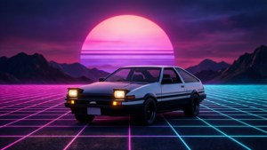 發光網格上的白色AE86，粉紅色日落和山脈 — Outrun 壁紙