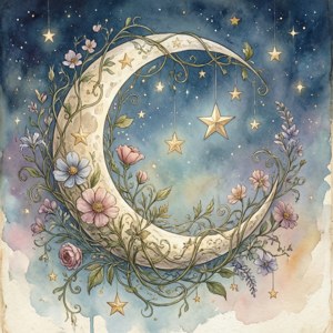 新月被藤蔓和花朵纏繞，懸掛的星星映襯著柔和的夜空。