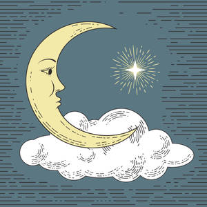 一個帶有臉龐的新月坐在雲朵上，下方是一顆明亮的星星，在夜空中。