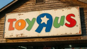 一個褪色的Toys R Us招牌，掛在油漆剝落的木建築上。