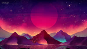 發光粉紅色行星下的紫色山脈，帶有流星和網格地面。