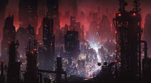 黃昏時分的未來城市天際線，火紅的天空和閃爍的霓虹燈。 — 夜晚 GIF 壁紙