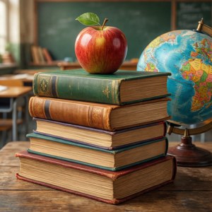 教室木桌上的一堆舊書、蘋果和地球儀