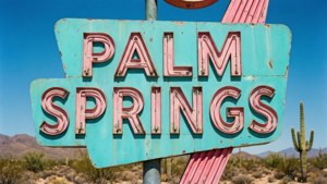 沙漠中帶有仙人掌和山脈的復古Palm Springs標誌