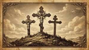 多雲天空下，山頂上的三個十字架，採用古董雕刻風格。