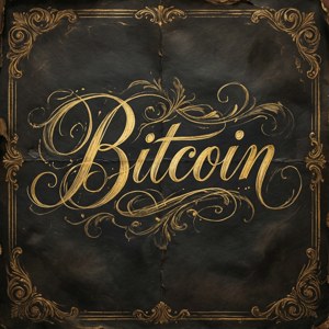 金色比特幣字標，位於深色紋理紙上，帶有裝飾性邊框。 — 比特幣 壁紙