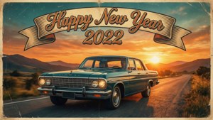 復古青綠色汽車在沙漠公路上，伴隨日落和新年橫幅。