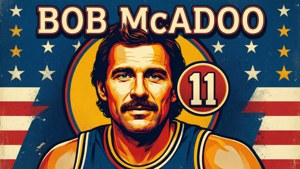 復古插圖肖像，籃球運動員Bob McAdoo身穿11號球衣，背景為美國國旗。