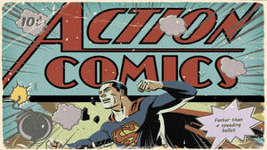 經典漫畫藝術風格的超人，帶有'Action Comics'標題和爆炸效果。