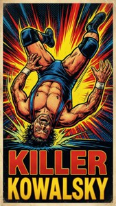 摔角手凌空翻轉，背景爆炸，粗體文字寫著 Killer Kowalsky。