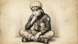 動漫角色漩渦鳴人盤腿坐喺羊皮紙背景上，擺出沉思嘅姿勢。
