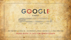 復古 Google Classic 搜尋頁面，在舊紙上顯示搜尋欄和郵寄地址。