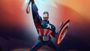 美國隊長以英雄姿態舉起盾牌，背景是色彩繽紛的天空。