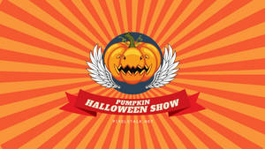 一個有翅膀的南瓜燈，帶有紅色橫幅寫著 Halloween Show，背景為橙色太陽爆發。