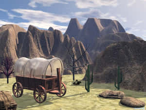藍天下沙漠中有山脈和仙人掌的有篷馬車。