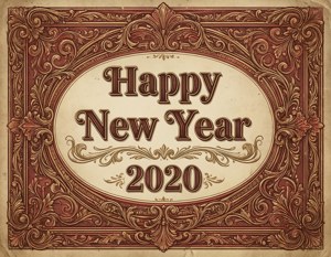 復古裝飾邊框，帶有「Happy New Year 2020」文字，用於慶祝。