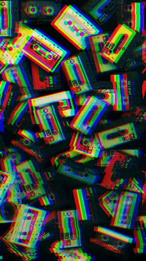 一堆色彩繽紛的復古卡式磁帶，帶有數位故障效果。 — 復古gif 壁紙
