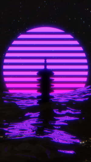 紫色霓虹太陽在星星下落在水中寶塔倒影背後 — 復古gif 壁紙