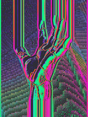 一隻扭曲的手，帶有螢光條紋，背景是像素化的太空。 — 復古gif 壁紙
