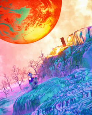 一個人在發光的外星景觀中冥想，上方是一個巨大的彩色星球。 — 復古gif 壁紙
