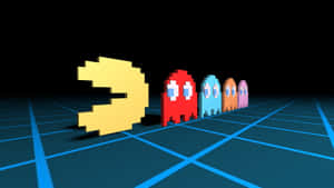 黃色 Pacman 與四個彩色鬼魂在藍色網格上以 3D 像素風格呈現。