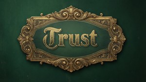 一塊裝飾性金色牌匾，綠色背景上刻有Trust一詞。