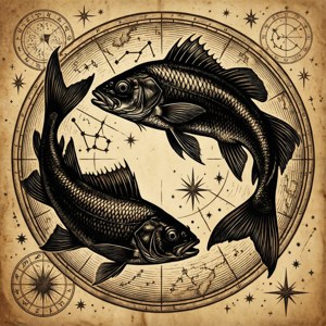 復古蝕刻畫，圓形內有兩條魚及星座符號，呈現懷舊棕褐色調。 — 雙魚座 GIF 壁紙