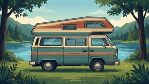 復古露營車停在森林覆蓋的山區湖邊。 — 夏日 壁紙