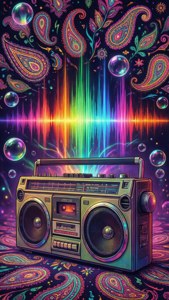 一部復古手提音響發出彩色聲波，周圍環繞著迷幻佩斯利圖案和浮動氣泡。