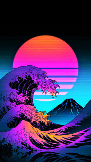 霓虹波浪插圖，帶有閃爍的夕陽和山巒輪廓。