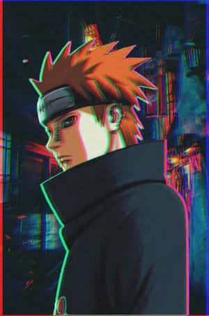 動漫男孩，橙色尖刺頭髮，在充滿霓虹燈的小巷中，帶有故障效果。