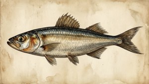 陳舊羊皮紙上的銀色魚復古插圖。