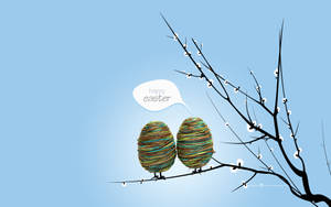 兩個編織復活蛋在樹枝上，並有一個對話框寫著復活節快樂。
