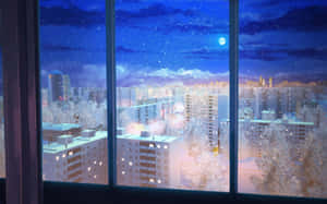 夜晚，雪落在雪白的城市上，從窗戶看到閃爍的燈光。