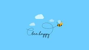 一隻卡通蜜蜂飛翔，在藍天白雲背景下留下一條虛線軌跡，拼出 bee happy。