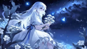 白髮動漫女孩在星空下拿著花朵，伴隨著發光的蝴蝶。