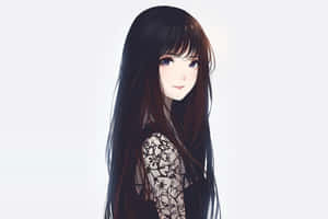 長黑髮、穿著花卉蕾絲上衣的動漫女孩溫柔微笑。