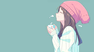 戴粉紅色冷帽的動漫女孩，滿足地微笑著喝熱茶。 — 可愛動漫女仔 壁紙