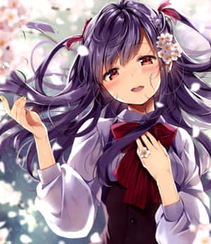 紫色頭髮的動漫女孩，櫻花在她周圍飄浮。 — 可愛動漫女仔 壁紙