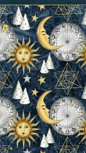 包括太陽、月亮、星座輪和星星在深藍色背景上的天體符號。 — 太陽與月亮 壁紙