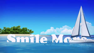 帆船靠近熱帶島嶼，有棕櫚樹和水中的文字 smile more。 — 微笑 壁紙