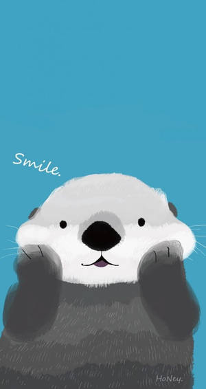 一隻微笑的卡通水獺在青色背景上舉起爪子，並帶有「Smile」字樣。