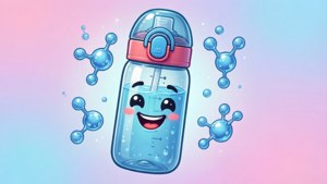 一個微笑嘅藍色水樽，周圍漂浮住分子氣泡。