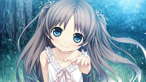 灰色頭髮和藍色眼睛的動漫女孩在魔法森林中微笑。 — 可愛動漫女仔 壁紙